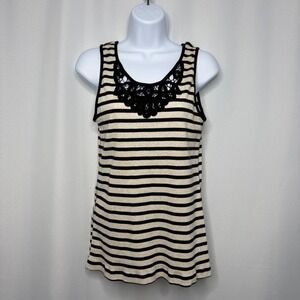 Allyson Whitmore Petite PL Striped Tank Top Black Cream Crochet Lace Neck Cotton